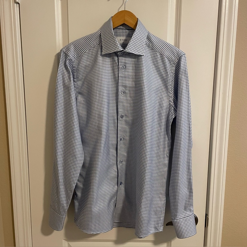 Eton Blue Print Long Sleeve Dress Shirt Size 15 1/2 Slim
